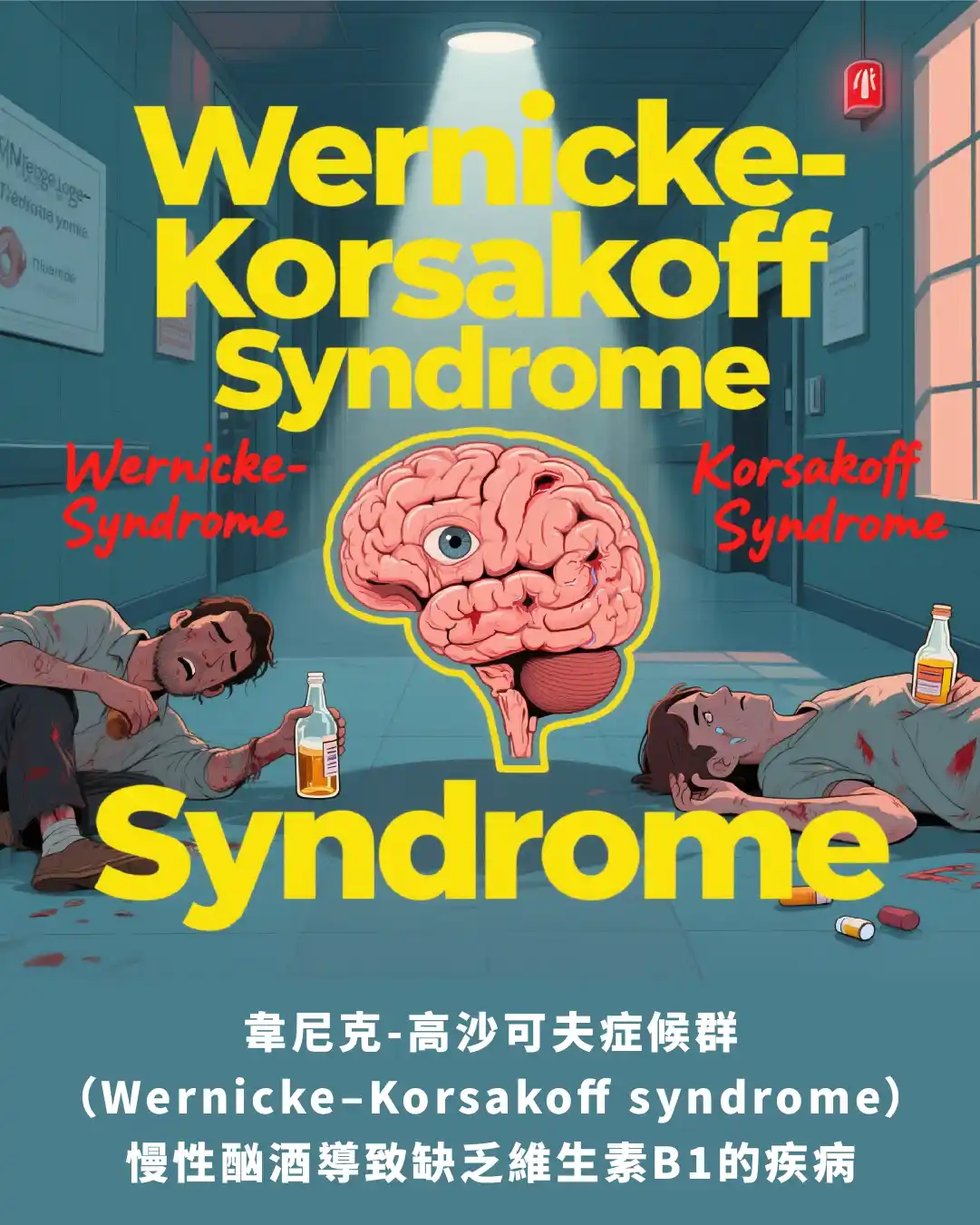 韋尼克-高沙可夫症候群（Wernicke–Korsakoff syndrome）－慢性酗酒導致缺乏維生素B1
